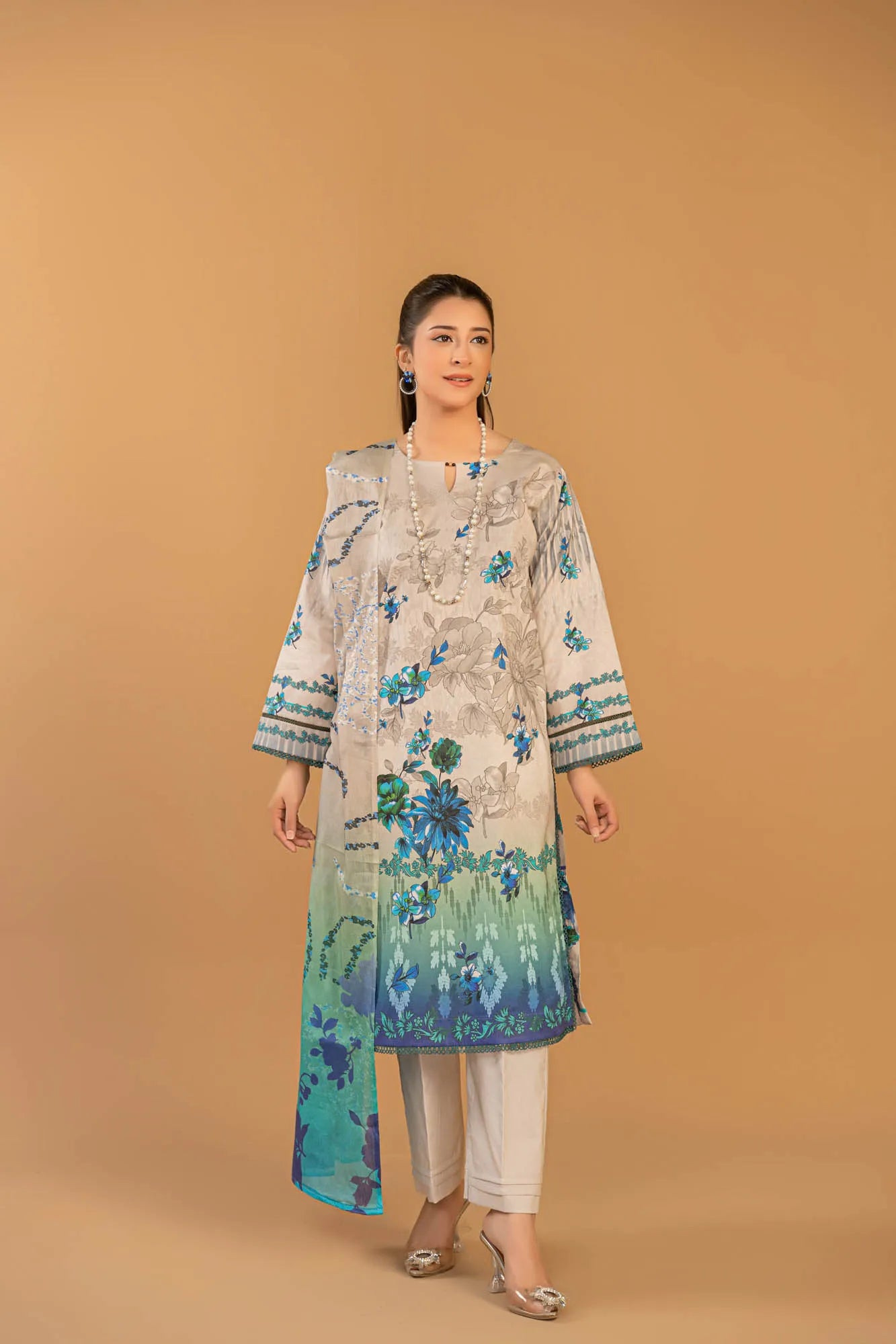 3 Piece Unstitched Printed Lawn Suit | KL116 - Becklace