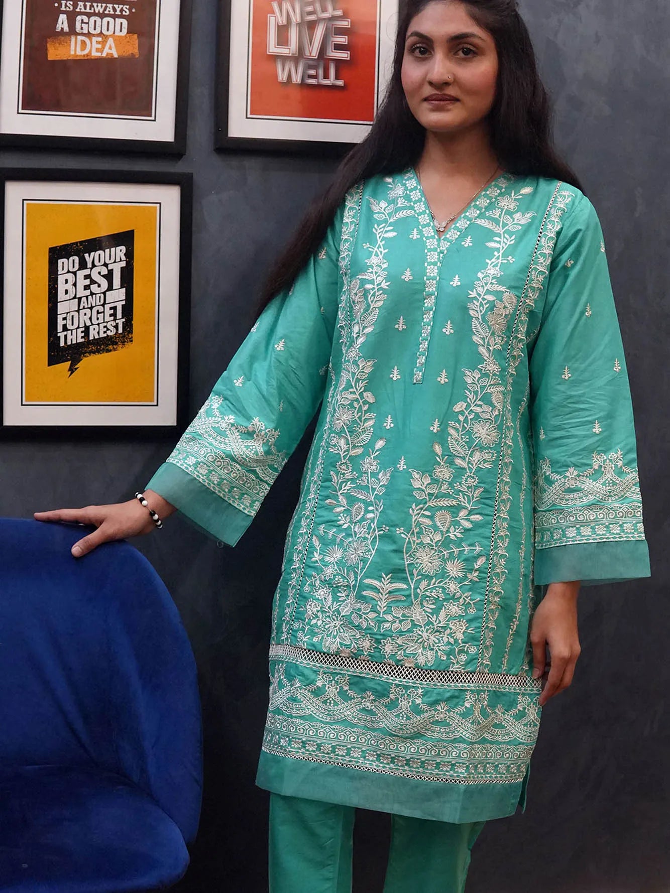 Elegant Lawn Embroidered Suit with Organza Border - Becklace