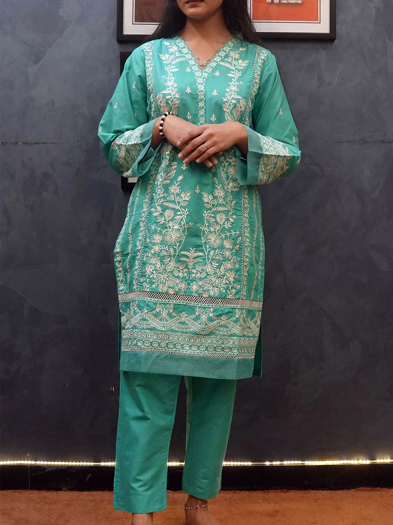 Elegant Lawn Embroidered Suit with Organza Border - Becklace