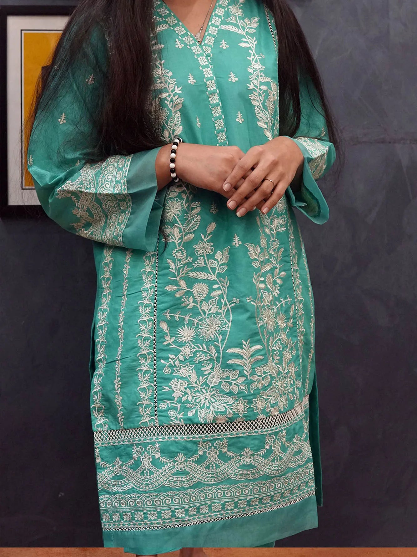 Elegant Lawn Embroidered Suit with Organza Border - Becklace