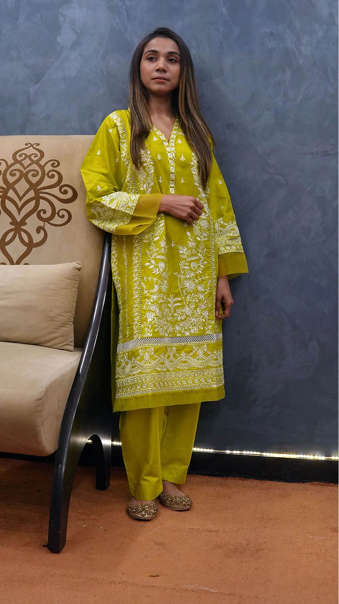 Elegant Lawn Embroidered Suit with Organza Border - Yellow - Becklace