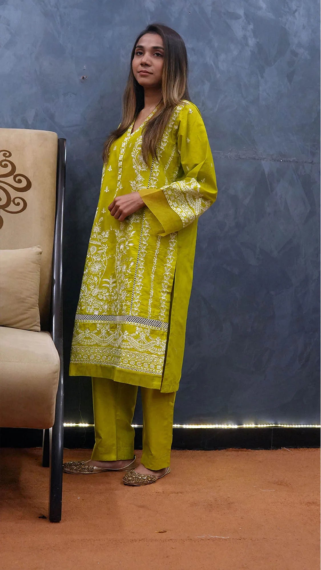 Elegant Lawn Embroidered Suit with Organza Border - Yellow - Becklace