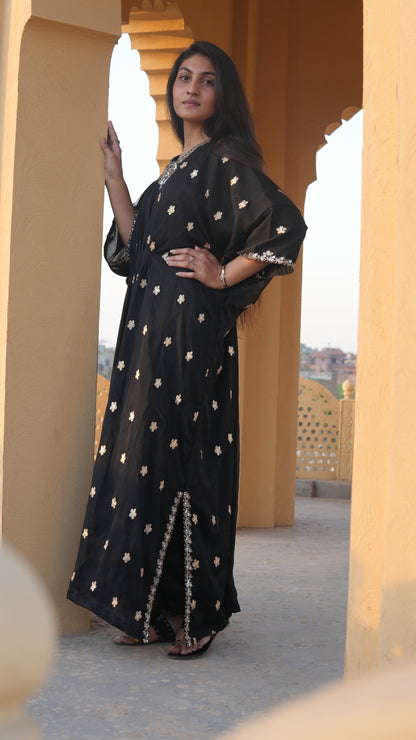 Luxe Black Embroidered Chiffon Kaftan – Timeless Elegance (Only Top)