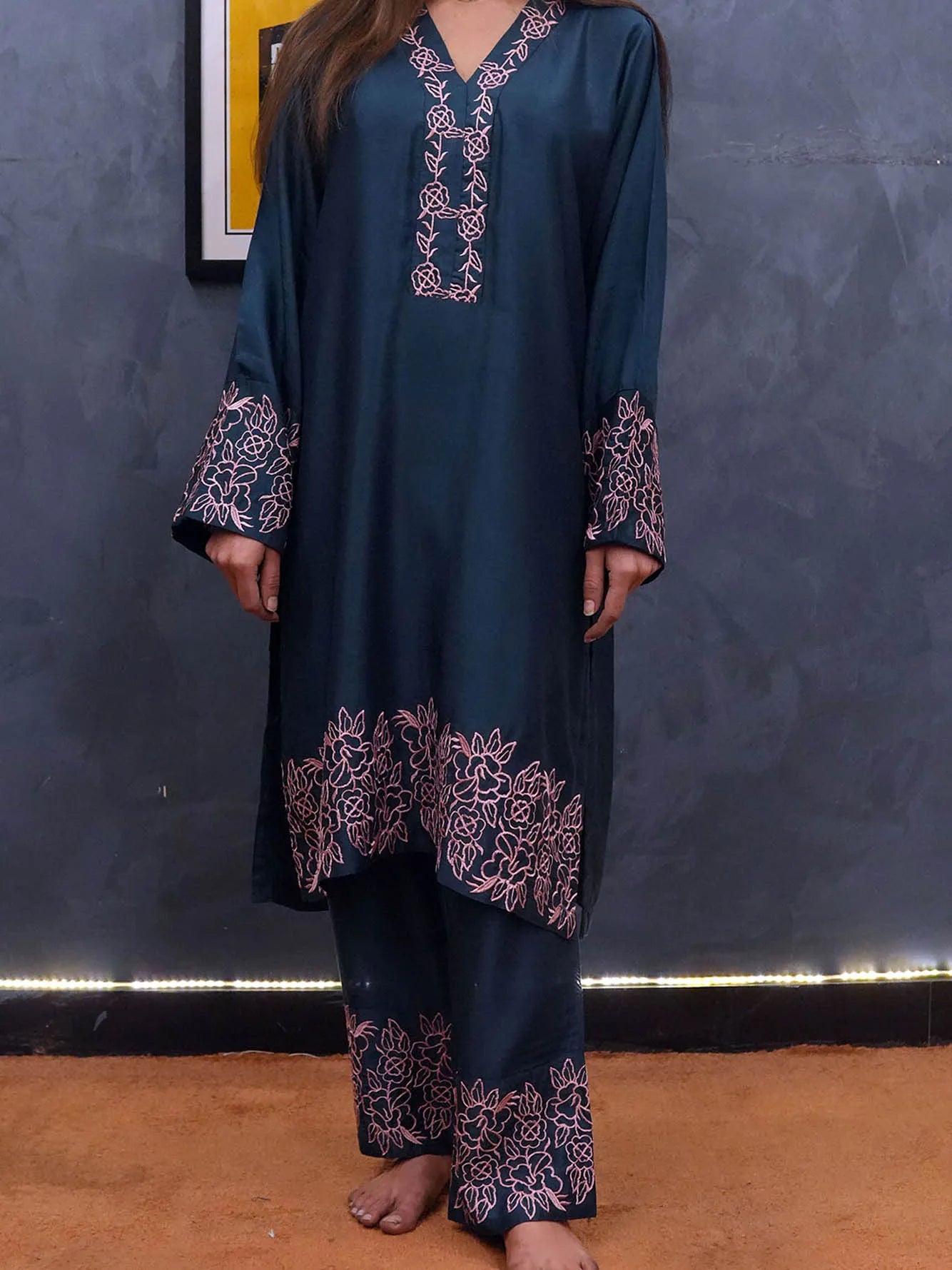 2 Piece Viscous Suit - Embroidered - Becklace