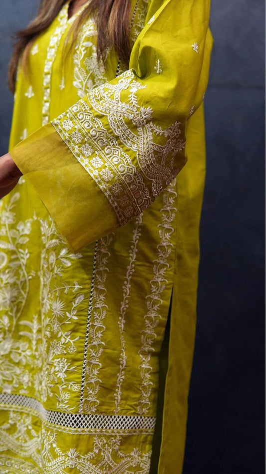 Elegant Lawn Embroidered Suit with Organza Border - Yellow - Becklace