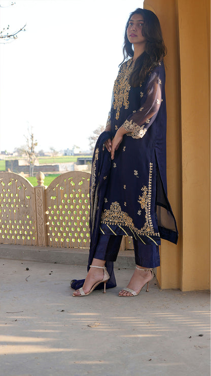 Luxury Bamber Chiffon Embroidered Suit (Blue)