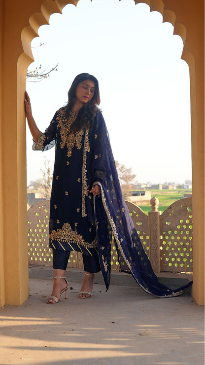 Luxury Bamber Chiffon Embroidered Suit (Blue)