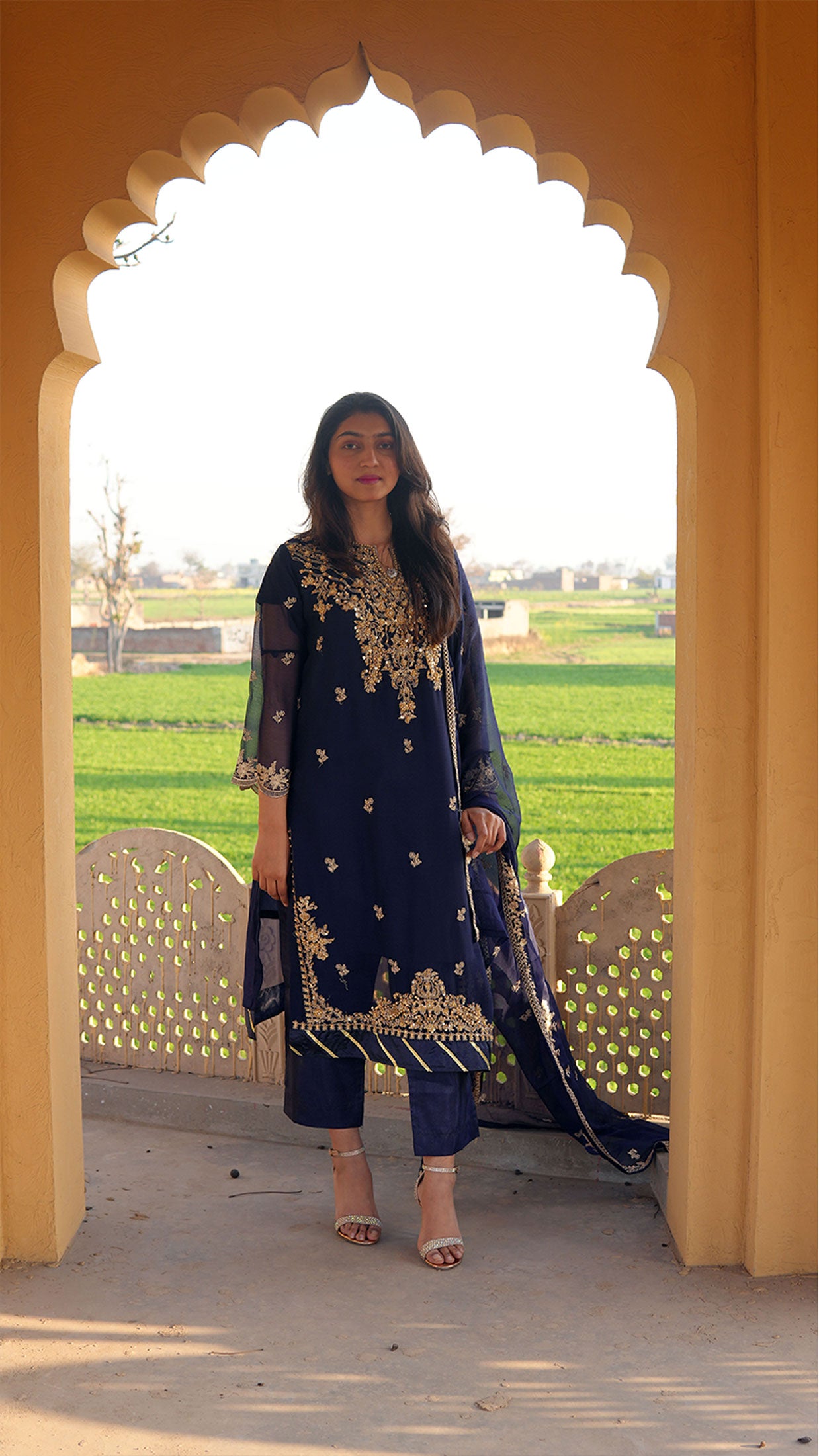 Luxury Bamber Chiffon Embroidered Suit (Blue)