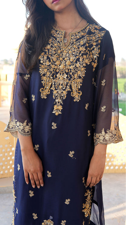 Luxury Bamber Chiffon Embroidered Suit (Blue)