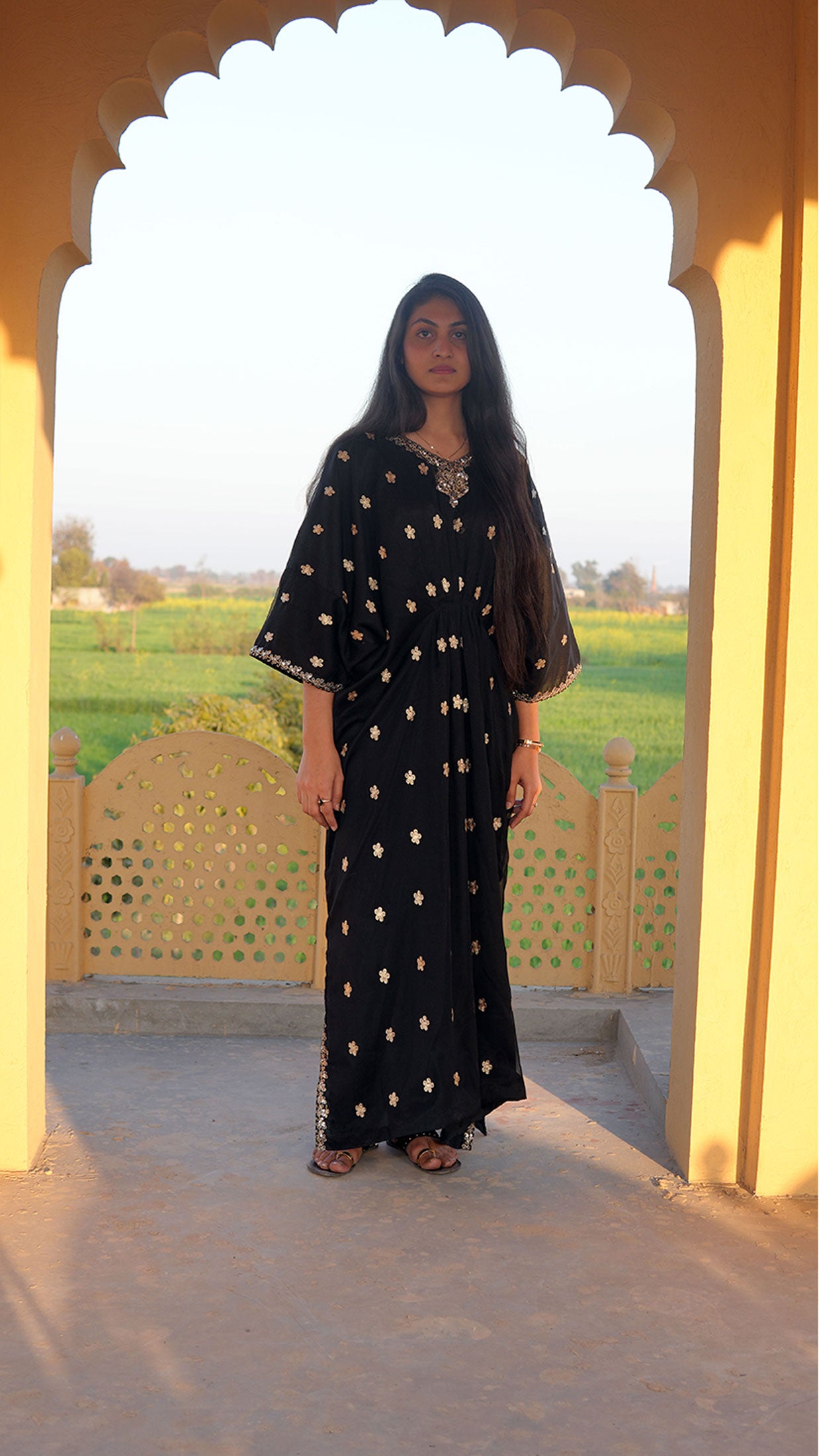 Luxe Black Embroidered Chiffon Kaftan – Timeless Elegance (Only Top)