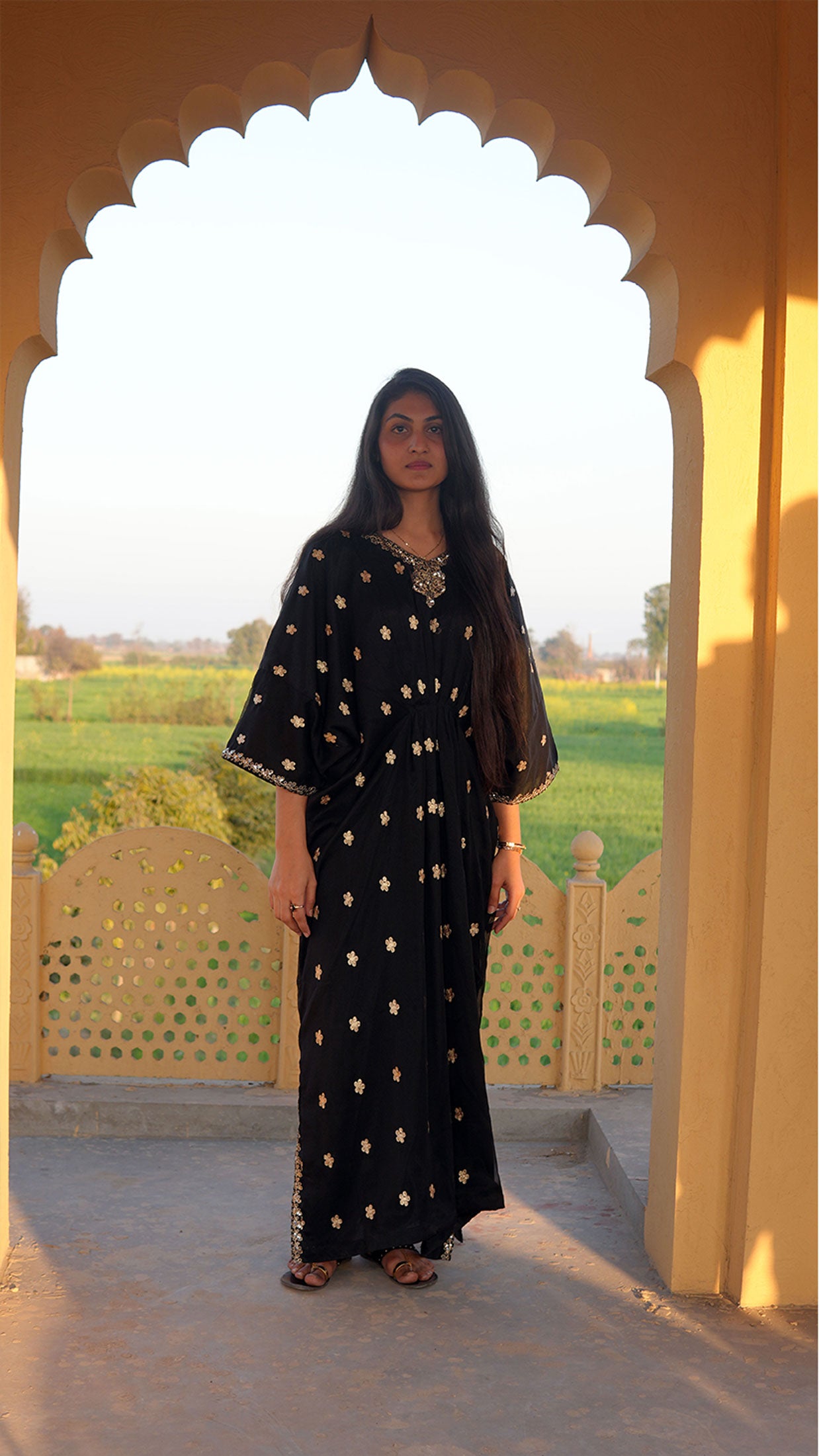 Luxe Black Embroidered Chiffon Kaftan – Timeless Elegance (Only Top)