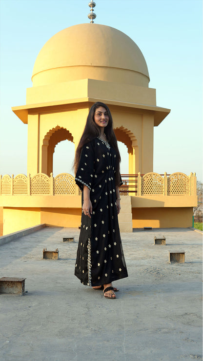 Luxe Black Embroidered Chiffon Kaftan – Timeless Elegance (Only Top)