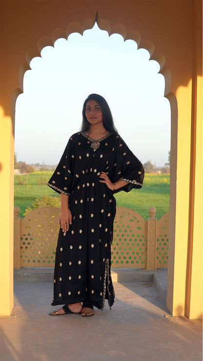 Luxe Black Embroidered Chiffon Kaftan – Timeless Elegance (Only Top)