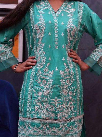 Elegant Lawn Embroidered Suit with Organza Border - Becklace