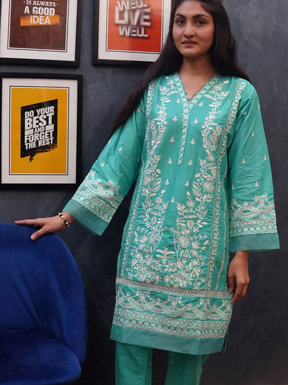 Elegant Lawn Embroidered Suit with Organza Border - Becklace