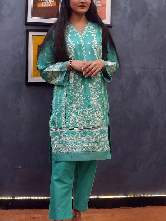 Elegant Lawn Embroidered Suit with Organza Border - Becklace
