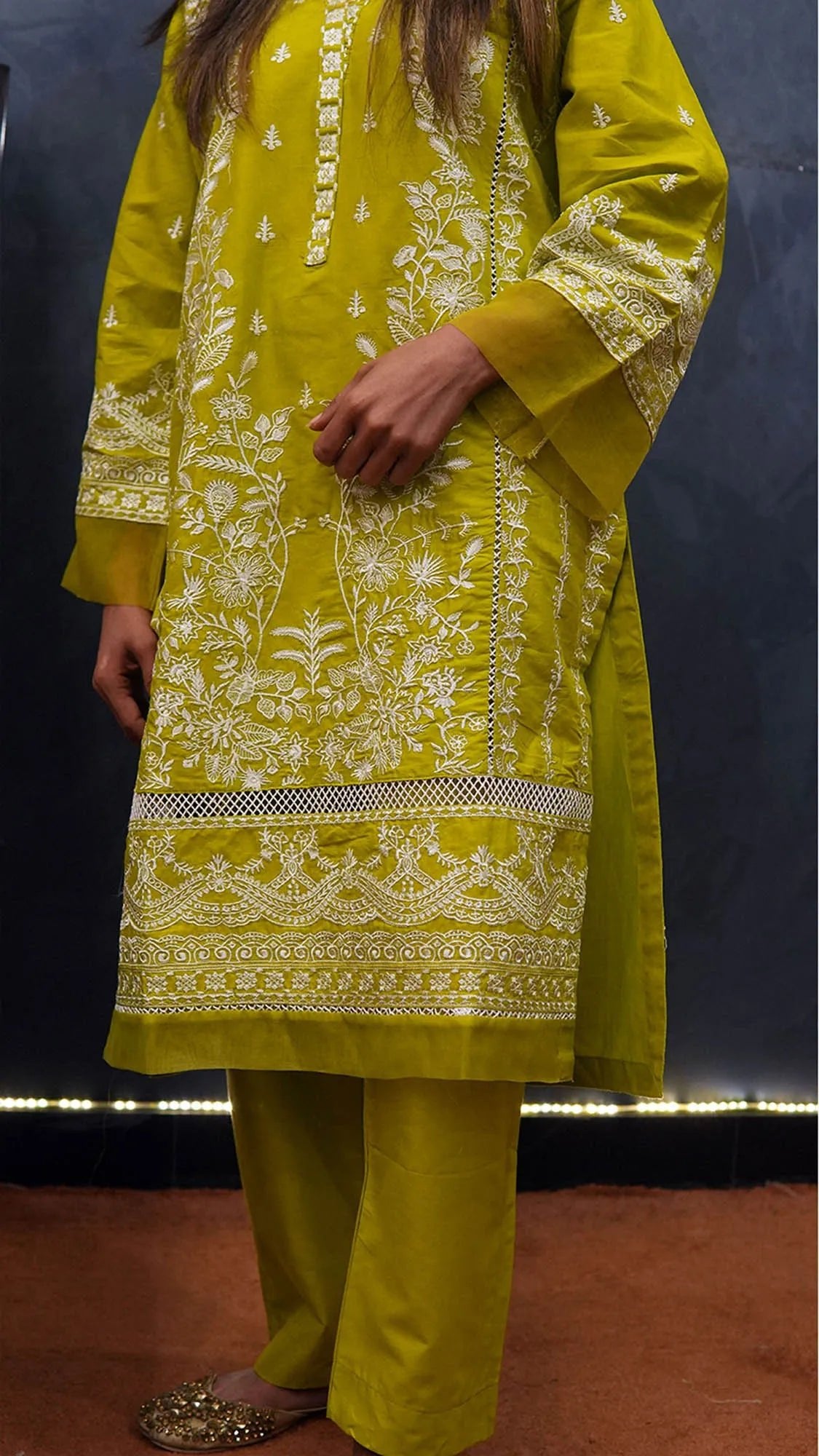Elegant Lawn Embroidered Suit with Organza Border - Yellow - Becklace