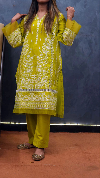 Elegant Lawn Embroidered Suit with Organza Border - Yellow - Becklace