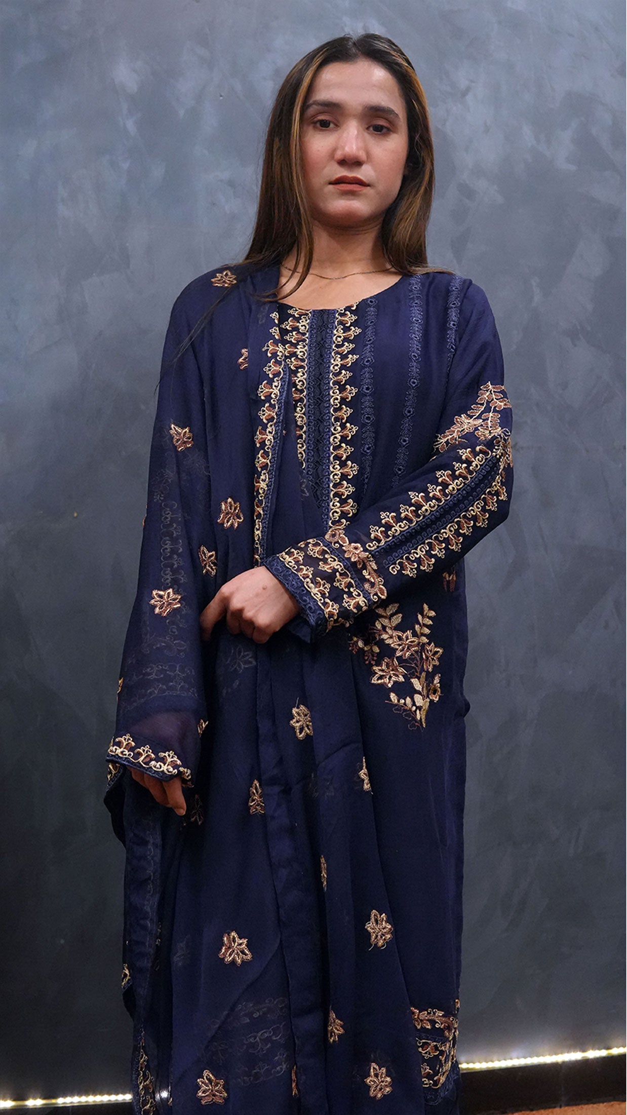 Chiffon Embroidered 3-Piece Suit Blue