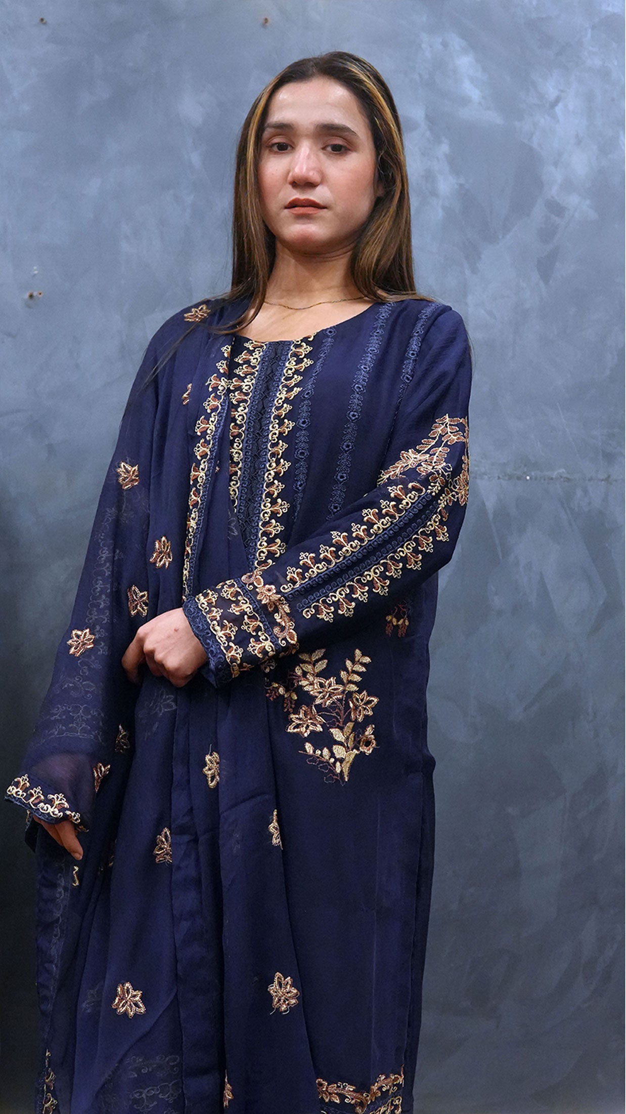 Chiffon Embroidered 3-Piece Suit Blue