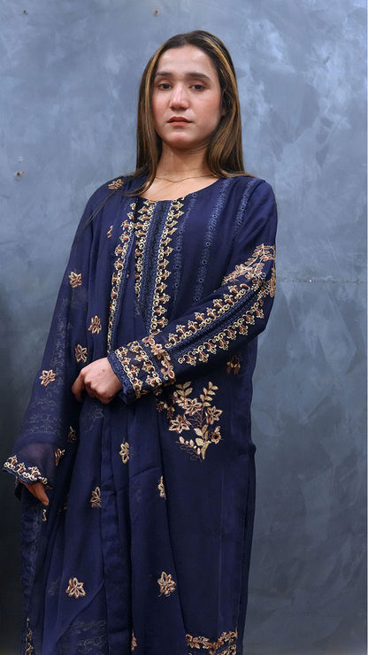 Chiffon Embroidered 3-Piece Suit Blue