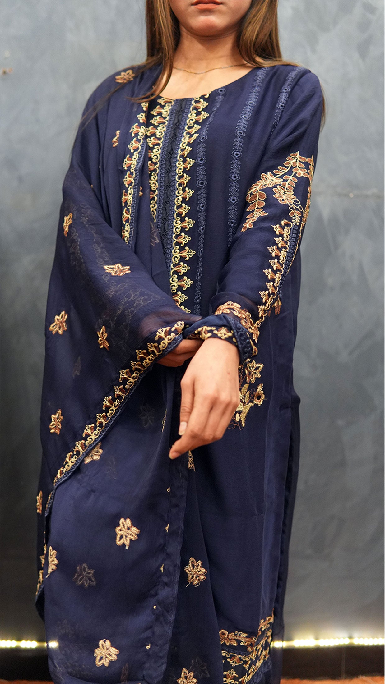 Chiffon Embroidered 3-Piece Suit Blue