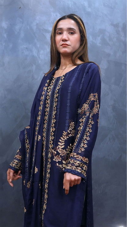 Chiffon Embroidered 3-Piece Suit Blue