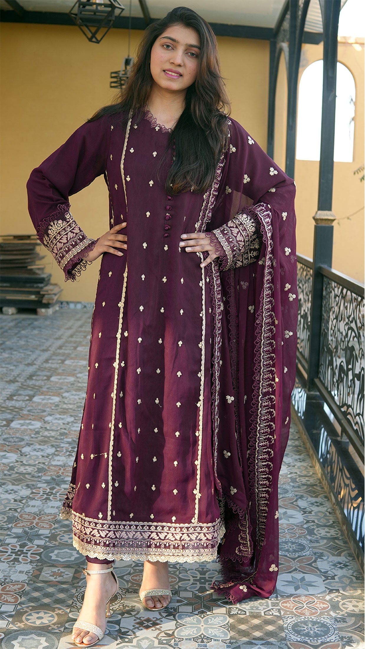 Elegant Chiffon Embroidered 3-Piece Suit