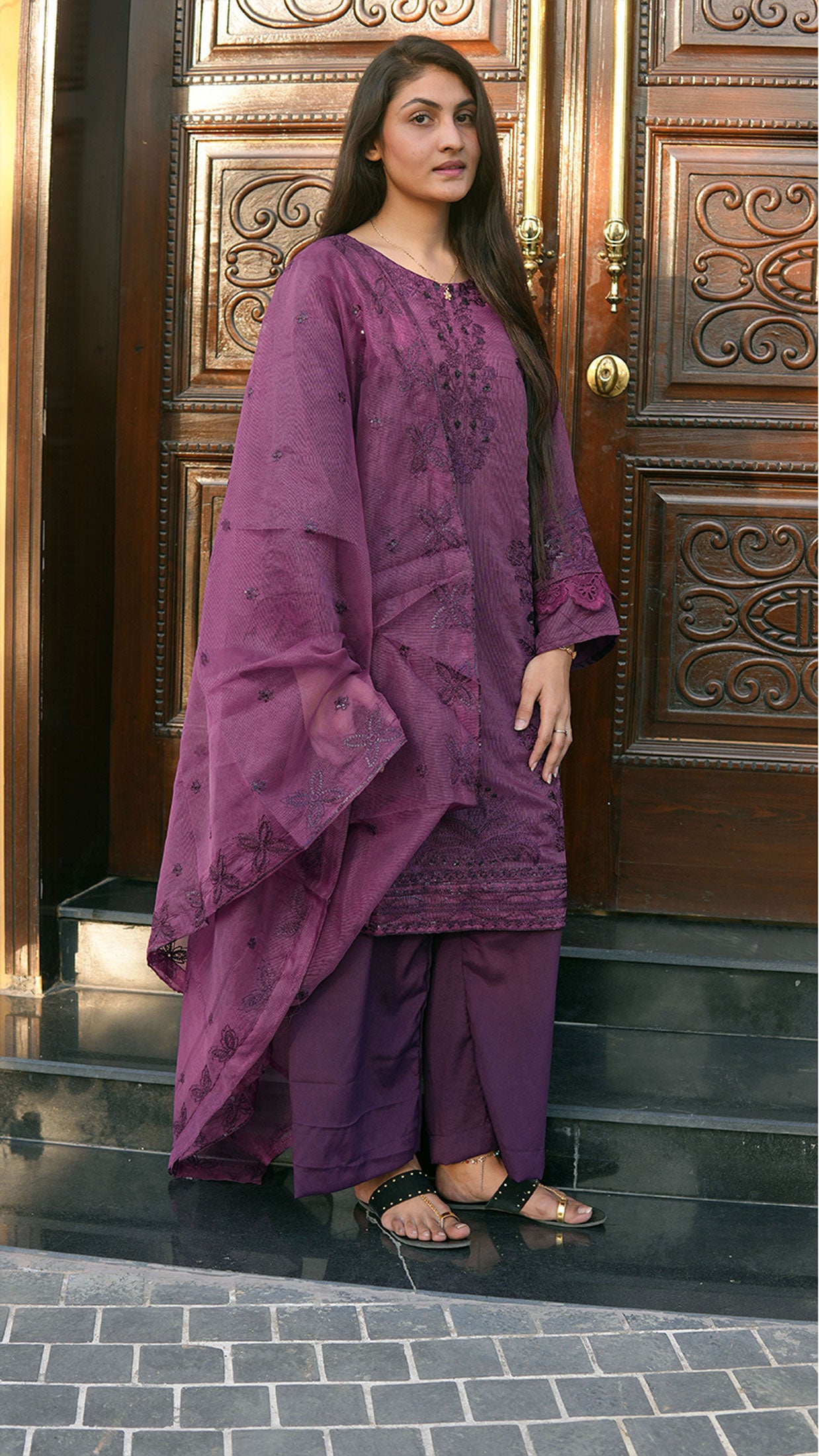 Elegant Organza 3-Piece Suit – Timeless Luxury & Grace (Purple)