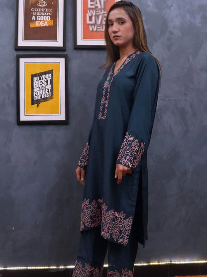 2 Piece Viscous Suit - Embroidered - Becklace
